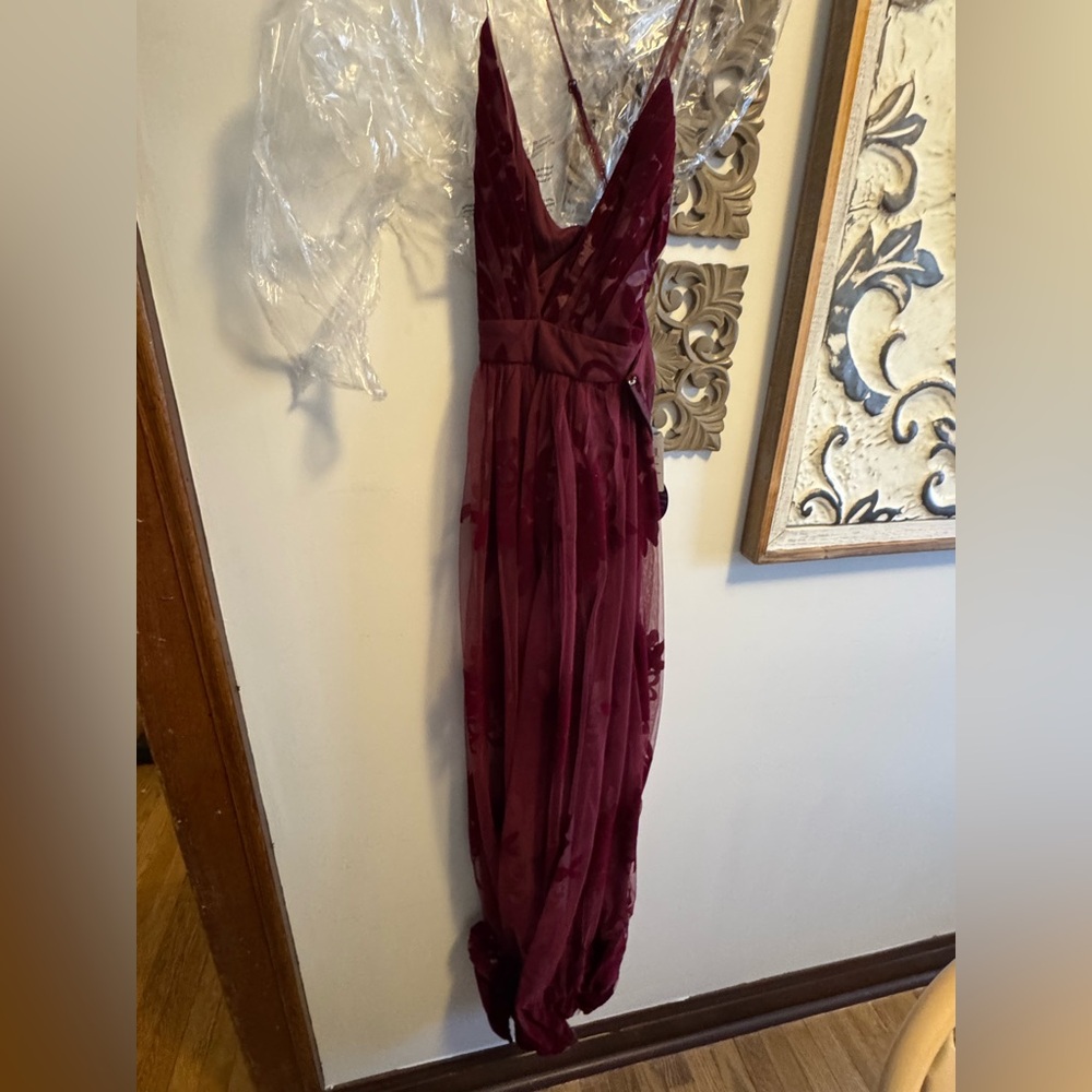 Burgundy lace floor length evening dress